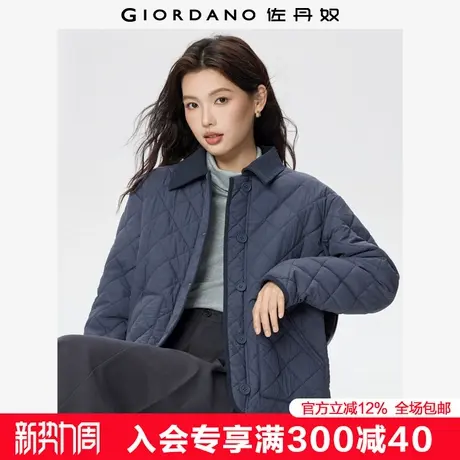 佐丹奴棉衣外套女秋冬新款夹棉菱形格拼接灯芯绒翻领夹克13375663商品大图