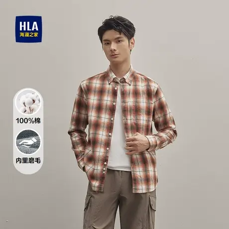 HLA/海澜之家纯棉格纹磨毛长袖衬衫25秋季新款时尚扣领柔软上衣男商品大图