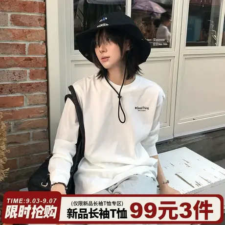 韩系简约休闲风白色长袖t恤女宽松设计感字母印花百搭打底衫上衣图片