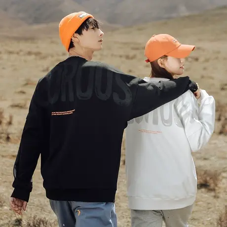 情侣美式无帽卫衣男春秋款2023年新款印花圆领上衣情侣装休闲外套商品大图