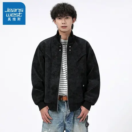 N5真维斯外套男2025新款秋季美式复古翻领上衣男士春秋装PU皮夹克商品大图