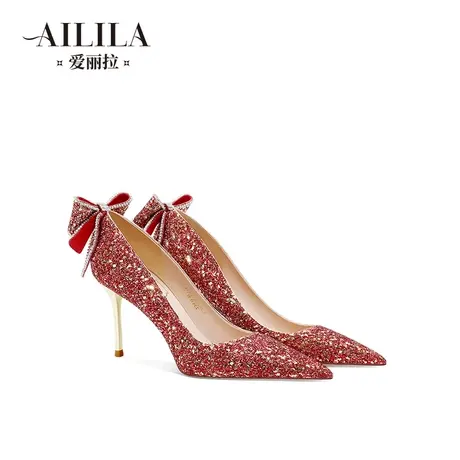 爱丽拉红色新娘结婚鞋女2023新款不累脚高级感中式秀禾水晶高跟鞋商品大图