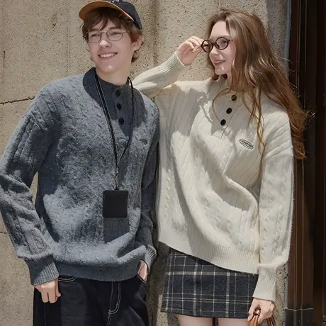 唐狮秋冬季情侣女绞花毛衣男半高领小细节绞花米白色毛线衫TM图片