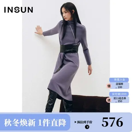 [易打理]恩裳COVER冬季2022年时尚简约分割线撞色羊毛连衣裙图片