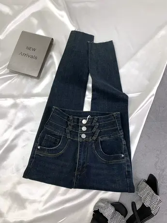 韩版排扣牛仔小脚裤女2023秋冬新款显瘦百搭高腰裤弹力包臀铅笔裤商品大图