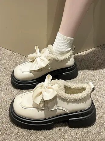厚底加绒英伦风小皮鞋女2023新款秋冬季保暖玛丽珍棉鞋百搭乐福鞋商品大图