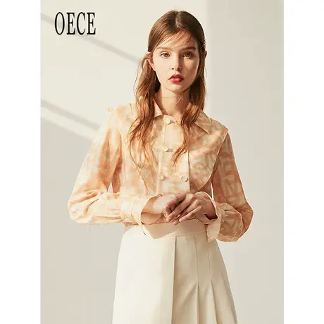 Oece春装新款女装 法式复古可爱翻领双排扣喇叭袖衬衫衬衣图片
