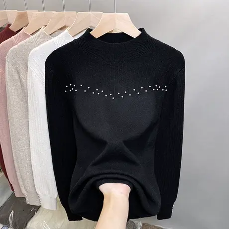 钉珠半高领毛衣女打底衫2023秋冬新款套头外穿针织衫洋气内搭上衣商品大图