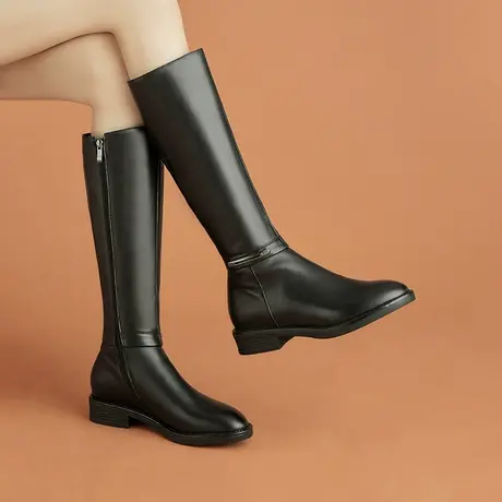 2023秋冬新款保暖加绒黑色百搭长筒靴女真皮牛皮平跟舒适高筒靴子图片