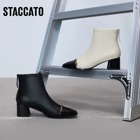 思加图新款奶油鞋小香风方头短靴粗跟靴女皮靴子Y2107DD2图片