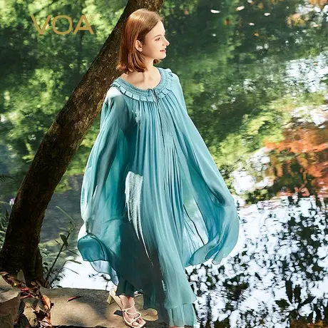VOA冰蓝色轻盈乔其纯桑蚕丝塔克褶木耳花边装饰系带披风衫图片