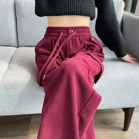 红色美式降落伞工装裤女冬季新款加绒登山运动裤宽松束脚阔腿裤子商品大图