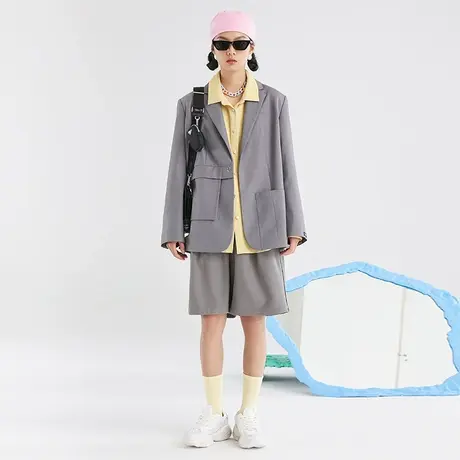 omont蛋挞家 复古嫩黄色一粒扣西装外套女宽松长袖休闲西服夏季商品大图