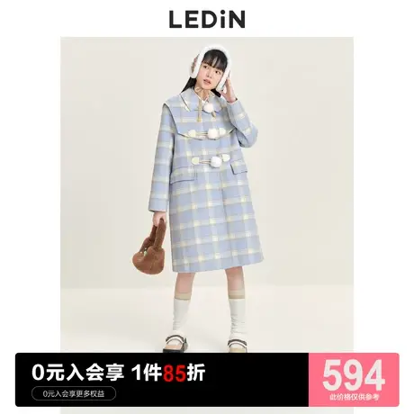乐町海军领格纹毛呢外套女休闲秋冬新款甜美学院风中长款呢子大衣图片