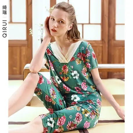 绮瑞睡衣女夏莫代尔套装短袖七分裤薄款棉绸家居服中国风妈妈夏款商品大图
