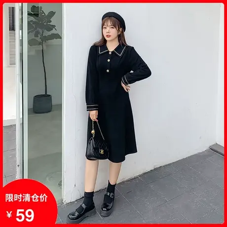【清仓】大码女装胖MM翻领拼接法式中长款A字显瘦遮肉气质小黑裙图片