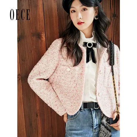 Oece小香风外套春装新款女装法式优雅显白圆领粗花短款外套图片