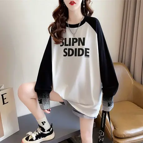 卫衣女秋冬季韩版宽松大码女装磨毛德绒中长款加绒撞色上衣打底衫商品大图