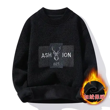 加绒圆领毛衣男士2022冬季保暖加厚长袖针织打底衫线衣刺绣上衣潮商品大图