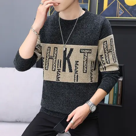 秋季男毛衣修身长袖打底衫套头圆领潮流雪尼尔针织衫加绒加厚线衣商品大图