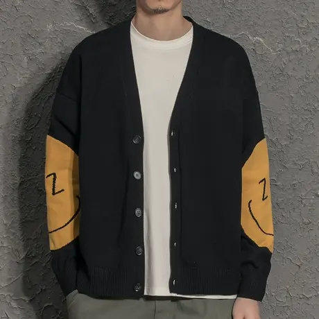 笑脸提花港风潮流2021年秋季新款针织开衫男士针织衫外穿毛衣外套图片