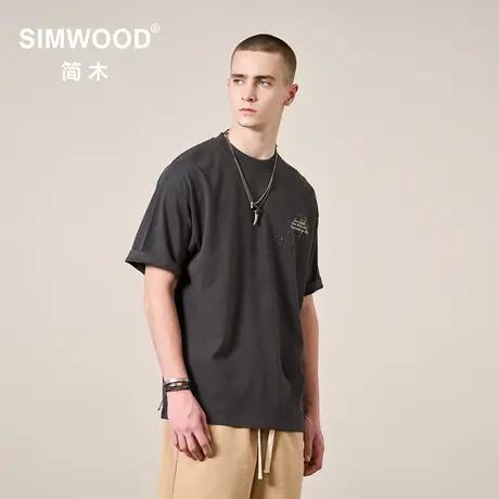 simwood简木男装【超宽松版型】新款300g休闲点料圆领短袖T恤男图片