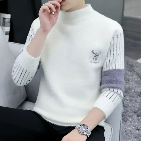 男士毛衣半高领宽松潮流保暖水貂绒羊毛线衣秋冬季加绒加厚针织衫商品大图