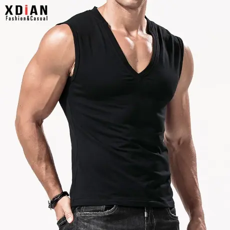大V领背心男深V纯棉运动健身修身紧身跨栏无袖T恤砍袖坎肩夏季商品大图