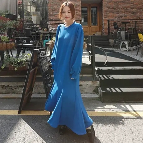 过膝卫衣连衣裙女2018秋冬新款韩版chic长款宽松长袖鱼尾卫衣裙潮图片