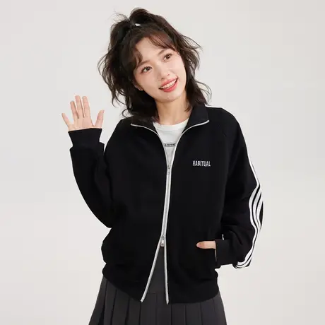 尔给黑色立领休闲美式复古开衫运动外套女2022年新款春秋款上衣商品大图