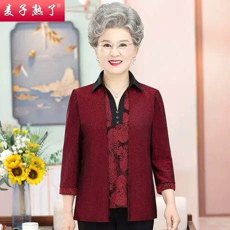 2023秋季新款奶奶装大码假两件花衬衫春中老年人女妈妈装外穿T恤图片