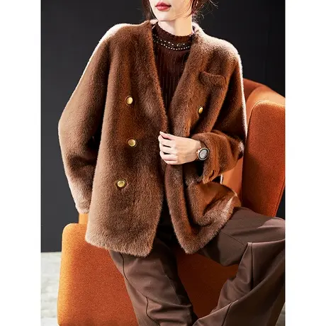 宝诗黎2023新款V领短款貂绒外套女冬季季保暖双排扣开衫毛毛上衣商品大图