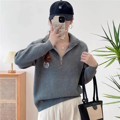 拉链毛衣女秋冬2023新款外穿爆款慵懒风套头今年流行的漂亮小衫图片