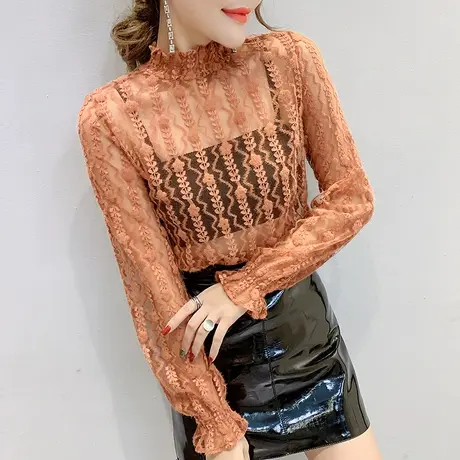 秋装2024年新款性感镂空透视上衣女长袖时尚气质蕾丝衫内搭打底衫商品大图