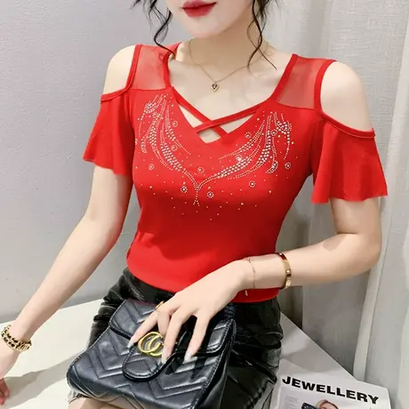 欧货性感露肩短袖T恤女洋气重工烫钻小衫网纱荷叶边上衣紧身半袖商品大图
