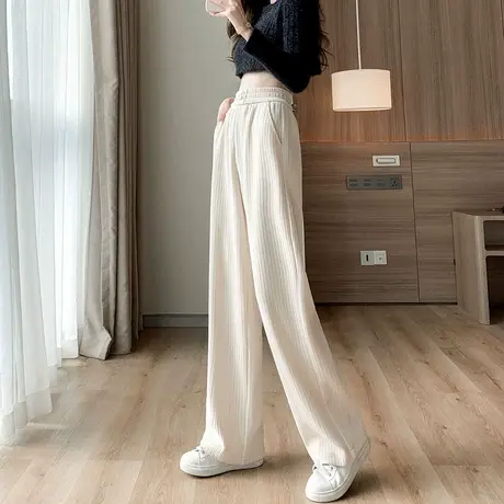 雪尼尔阔腿裤女秋冬加绒灯芯绒女裤2023年新款米色春秋条绒直筒裤商品大图