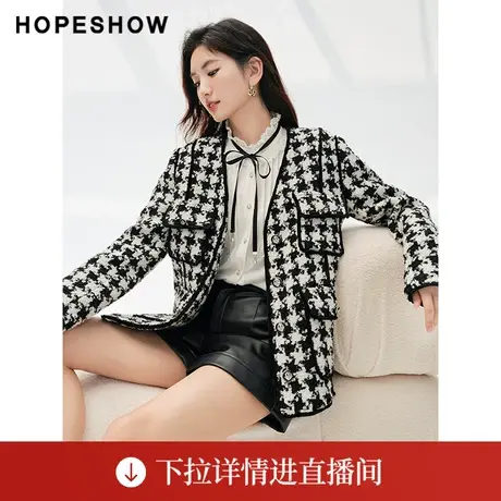 【直播专享】千鸟格织带边单排扣V领粗花呢90123370409红袖商品大图