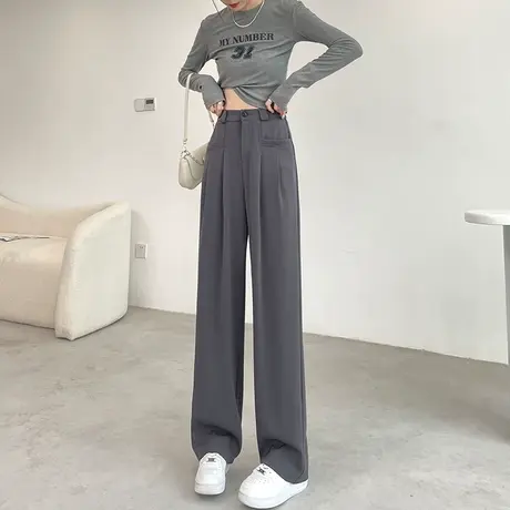 灰色西装阔腿裤女春秋新款高腰垂感直筒宽松显瘦休闲冰丝拖地裤子图片