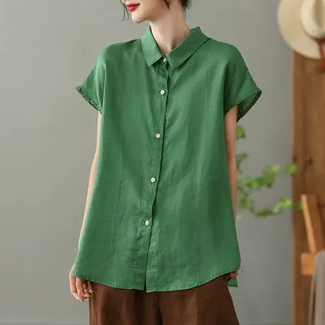 dza 纯色苎麻短袖衬衫女2023夏薄款翻领衬衣修身显瘦棉麻开衫上衣商品大图