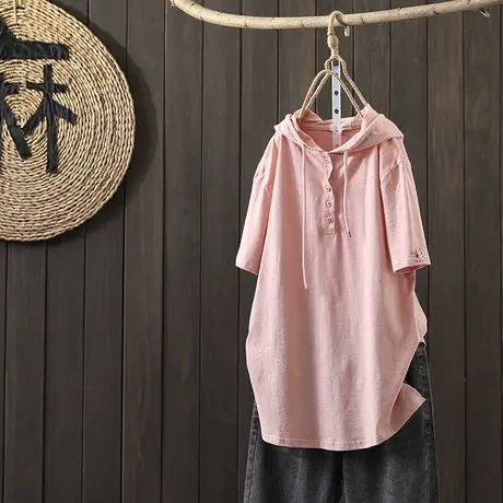 枫谜21年夏季新款文艺简约棉质连帽短袖T恤女宽松竹节棉套头上衣图片