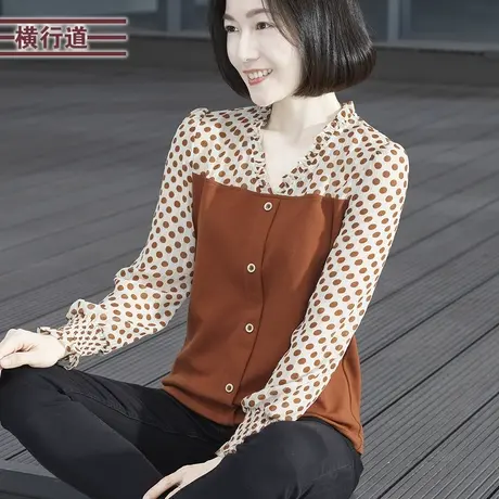 2025春季新款V领波点雪纺拼接宽松妈妈长袖T恤女韩版大码上衣外穿商品大图