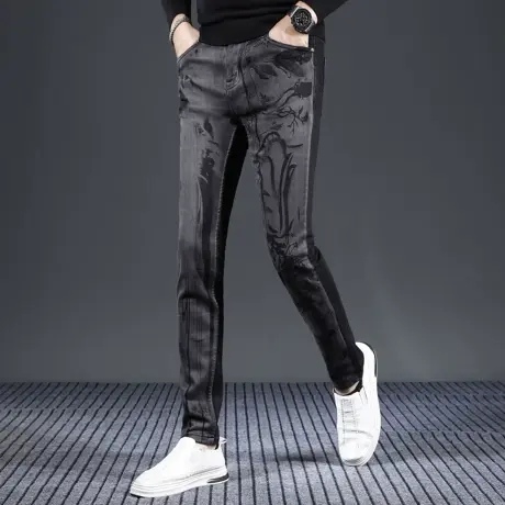 香港高端绣花牛仔裤男款潮牌修身小脚2023新款秋冬款黑色男士裤子商品大图