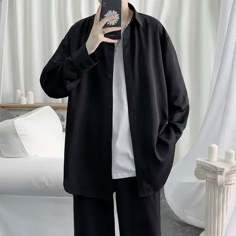 高级感垂感冰丝衬衫男长袖春季外套宽松胖子大码韩版潮流痞帅衬衣商品大图