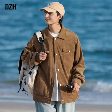 男士秋季灯芯绒外套潮牌男休闲痞帅男装港风翻领教练夹克棕色上衣商品大图