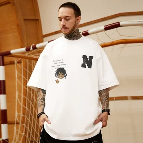 oversize美式重磅潮牌胖子男装大码国潮嘻哈宽松短袖T恤五分半袖图片