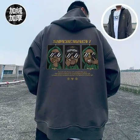 oversize春秋季宽松加肥加大码连帽加绒拉链开衫胖子卫衣男潮外套商品大图