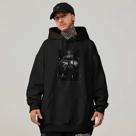 美式复古嘻哈大码卫衣男装ins纯棉重磅做旧高街狗头外套加绒春秋商品大图