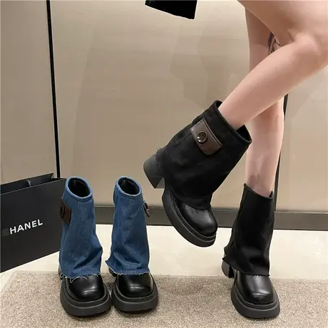设计感厚底马丁靴女款2024年新款牛仔裤管靴炸街小短靴女春秋单靴图片