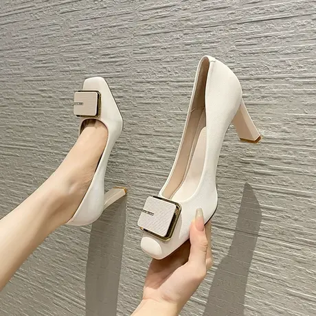 方头单鞋女2024年新款秋冬季软皮工作鞋方扣中跟粗跟高跟鞋不累脚图片