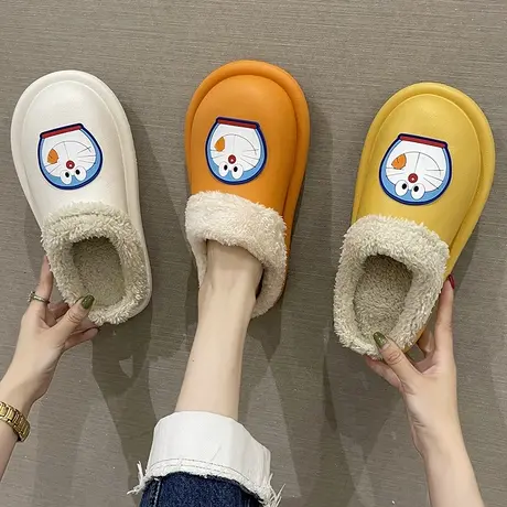 踩屎感棉拖鞋女冬季保暖可爱叮当猫室内家居防水加绒厚底外穿拖鞋商品大图